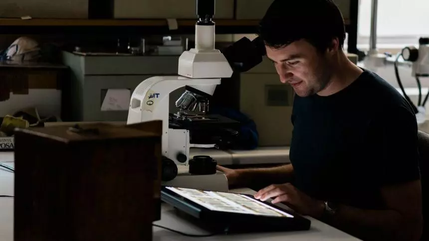 fig 4 dr hetherington examining fossil thin sections